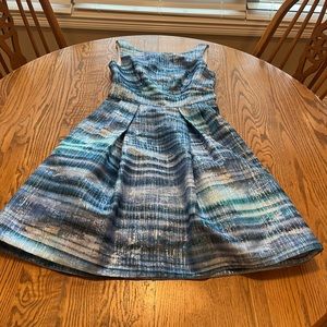 Theia Blue Shimmer Brocade Fit n Flare Party Dress Size 6 •Measurements•